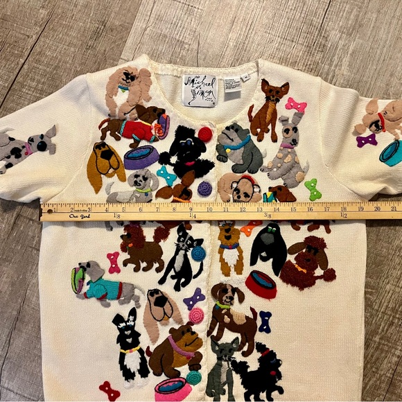 Vintage Michael Simon Dog Cardigan Sweater M Novelty Appliqué Grandmacore - Picture 8 of 12